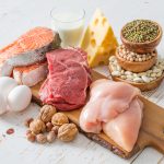 Selection of protein sources in kitchen background