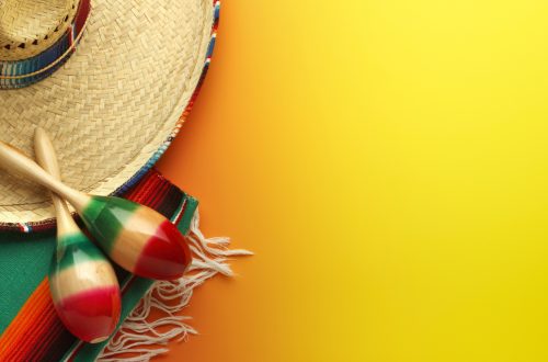 Cinco de Mayo Sombrero and Maracas On Yellow Background