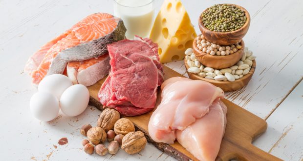 Selection of protein sources in kitchen background